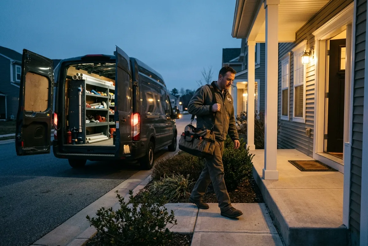 a plumber carrying a toolbag from a work van up the path of a home at dusk, porch light on, van doors open behind