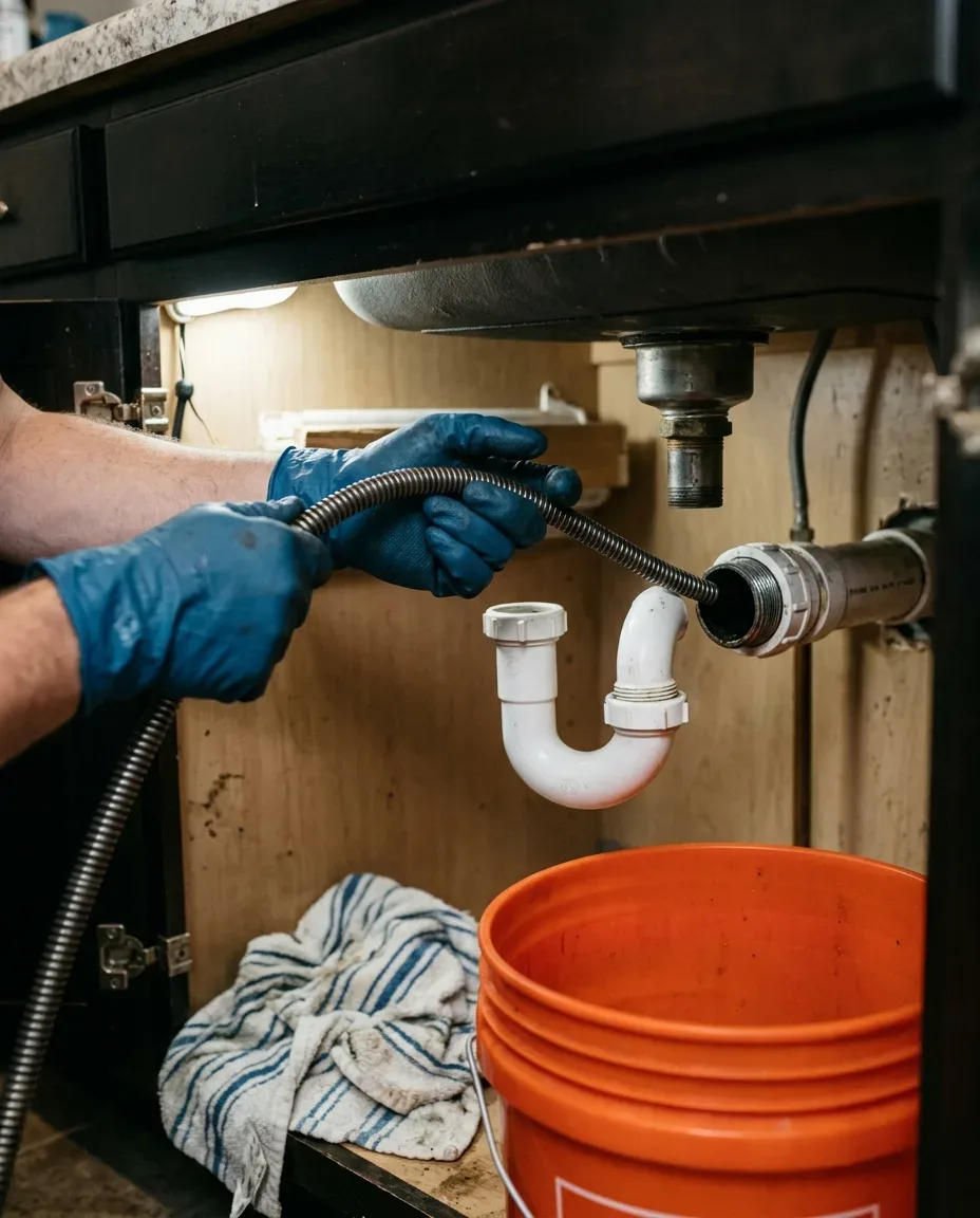 a drain snake cable emerging from a cleared kitchen sink drain with clean water running freely down the open drain