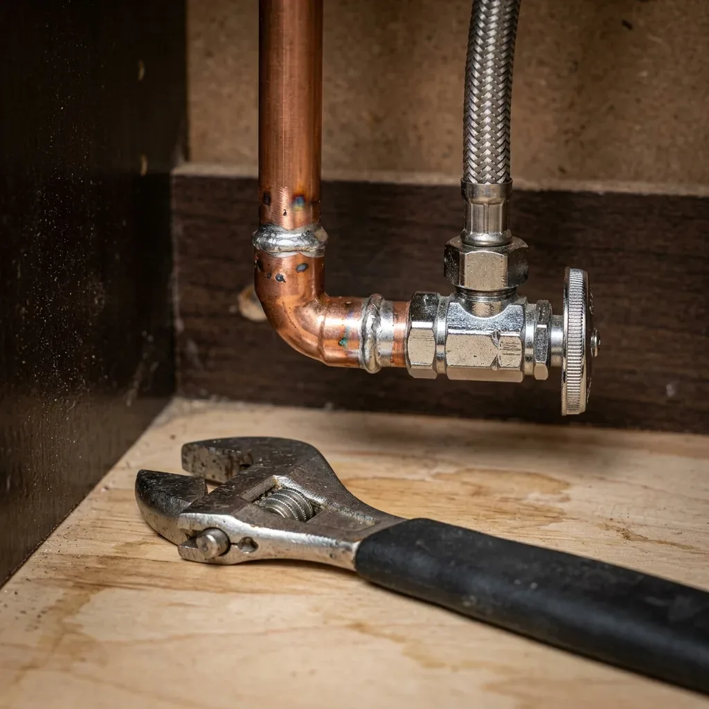 close-up of a gloved hand tightening a compression fitting on a copper pipe under a bathroom sink, water droplets beading on the metal, no faces visible