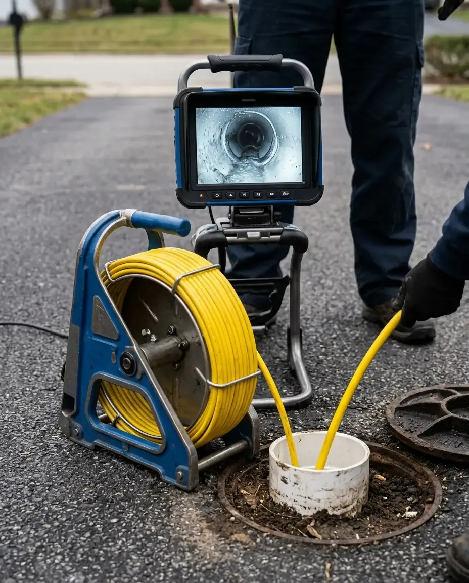a sewer inspection camera cable feeding into an open cleanout pipe in a residential yard, monitor screen glowing beside the reel showing the inside of the line