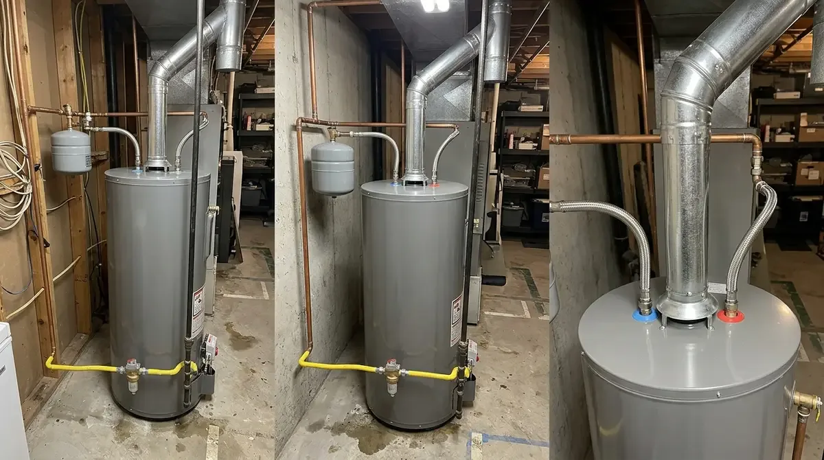 a newly installed tank water heater in a home utility closet, flex supply lines and shutoff valves connected, drain pan set beneath it, vent pipe run into the flue